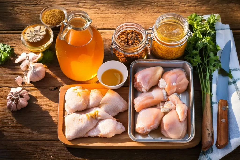 A beautiful and tidy outdoor display of spicy garlic honey chicken ingredients on a rustic wooden table