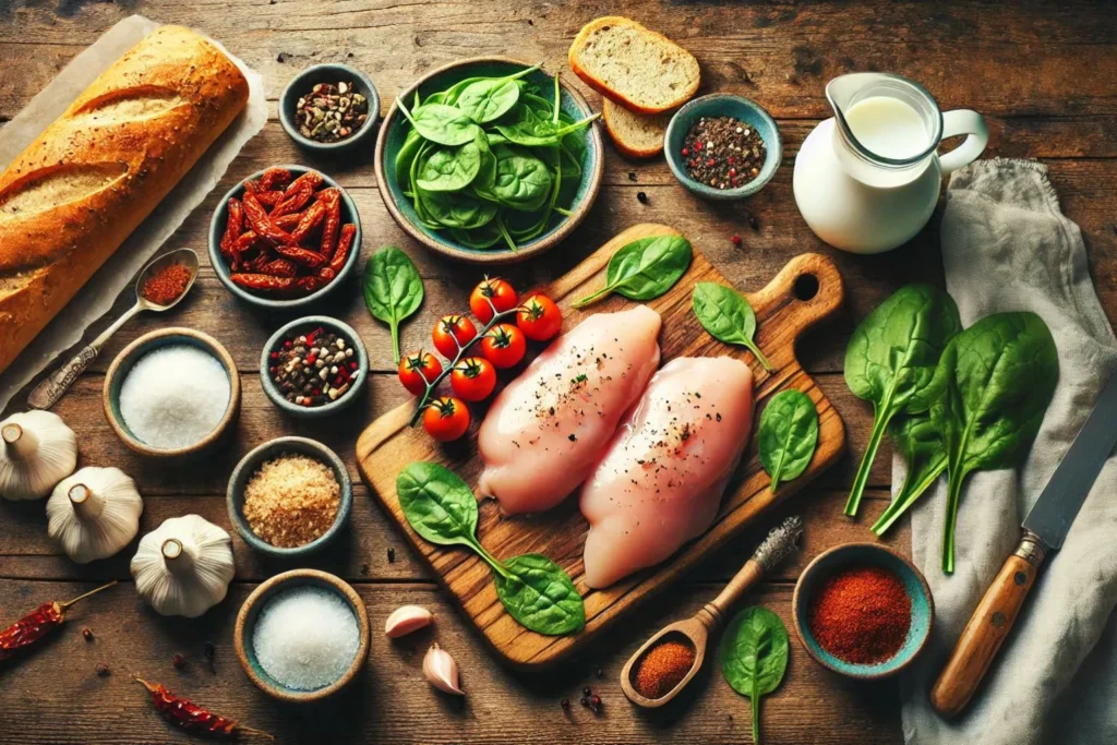 A beautifully arranged flat lay image of fresh ingredients for a Creamy Tuscan Chicken dish styled on a rustic wooden table Resized