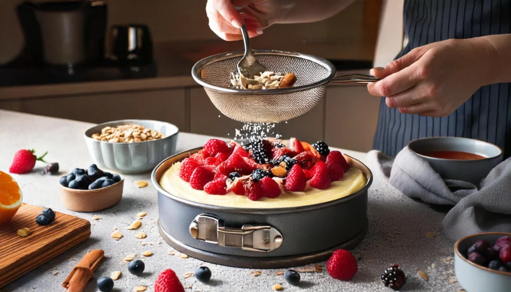 Fresh berries and crushed nuts being sprinkled over batter in a baking pan on a kitchen counter.