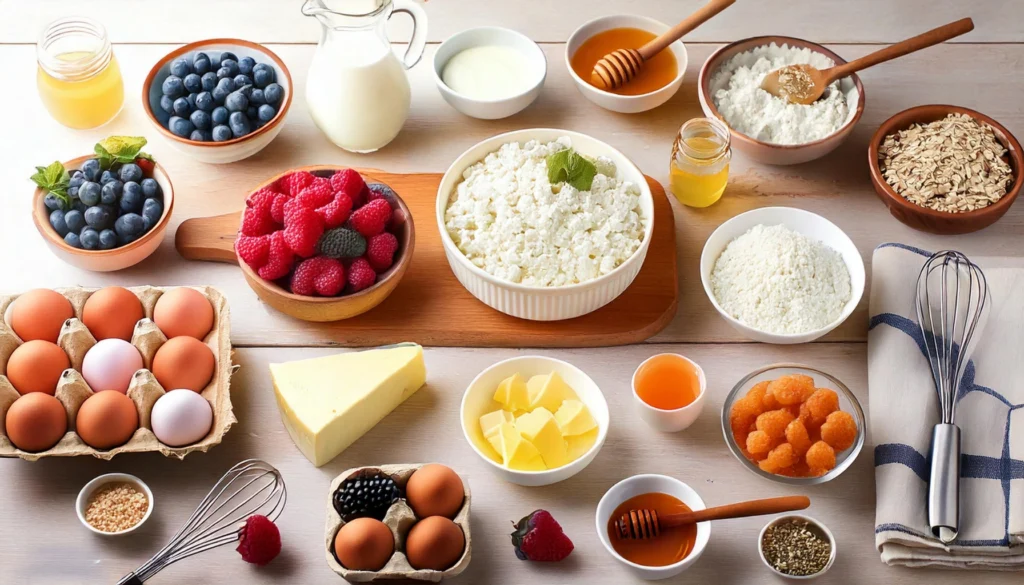 image showcasing the ingredients for cottage cheese cheesecake.