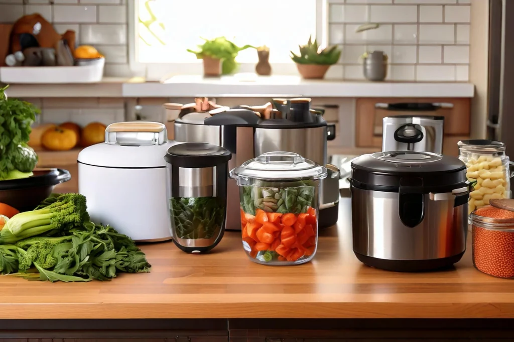 A collection of kitchen tools, including a slow cooker, high-speed blender, and airtight storage containers, arranged on a countertop for efficient meal prep.