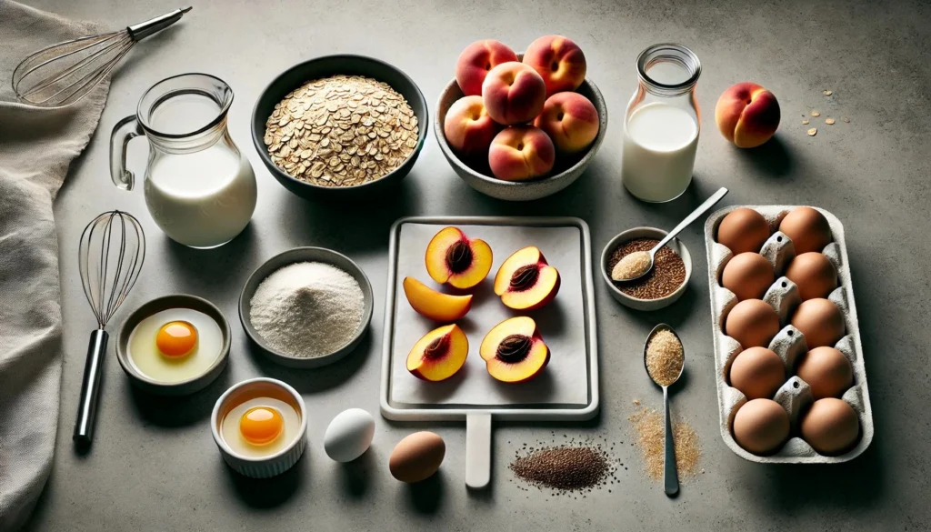 A modern flat lay of ingredients for a peach baked oats dish arranged on a sleek contemporary kitchen table Resized