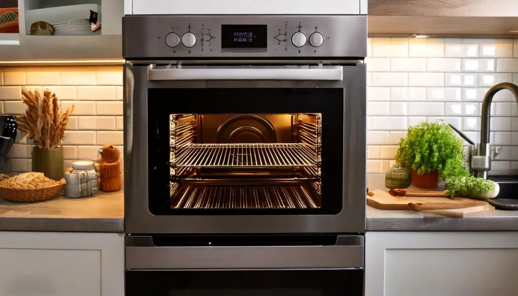 A modern kitchen scene with an oven preheating to 375°F 190°C displayed clearly