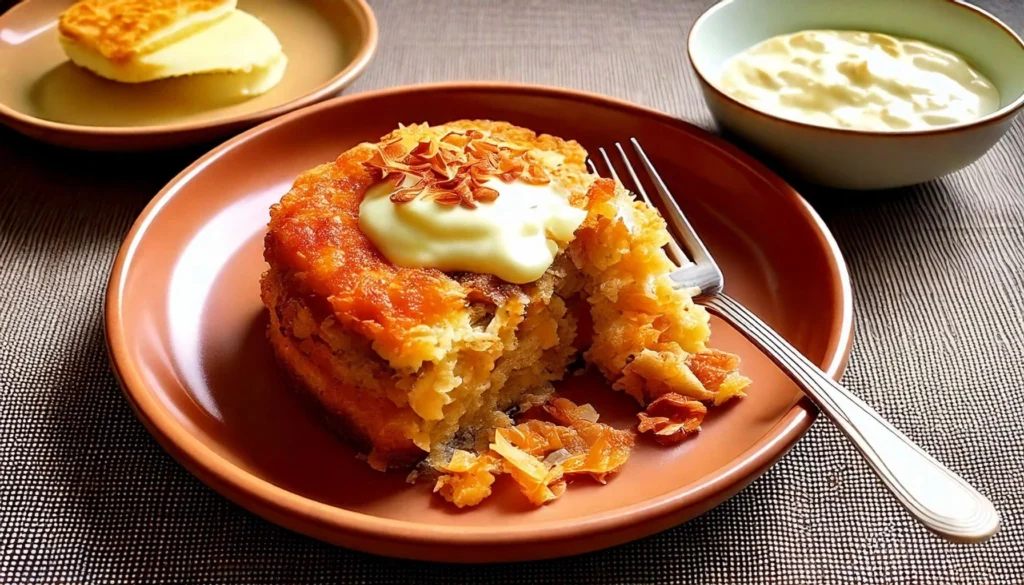 A slice of golden brown baked oatmeal served on a plate with a doll Resized