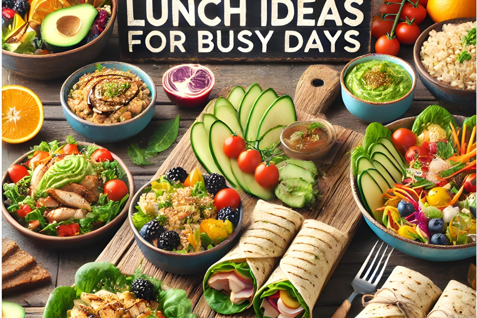 A colorful assortment of gluten-free lunch options, including fresh salads, grilled chicken, quinoa bowls, and vegetable wraps, artfully arranged on a wooden table