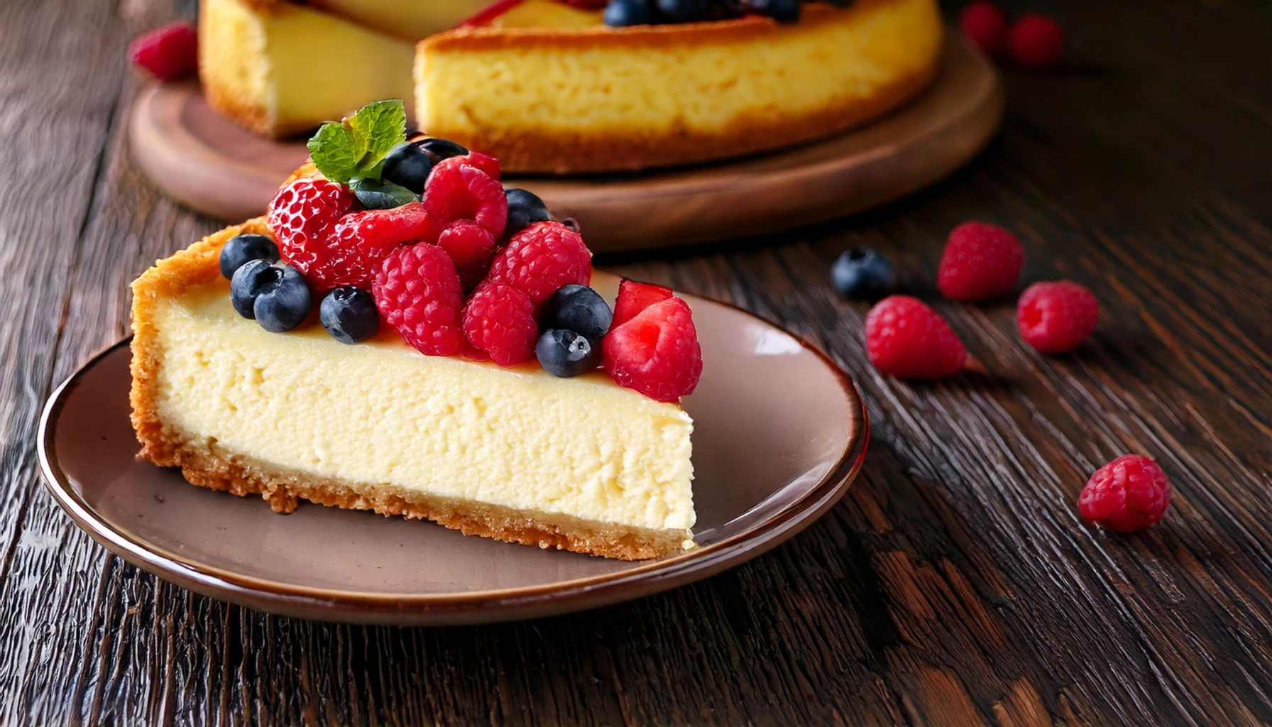 Healthy cottage cheese cheesecake topped with fresh fruit, showcasing a high-protein, lighter dessert option.