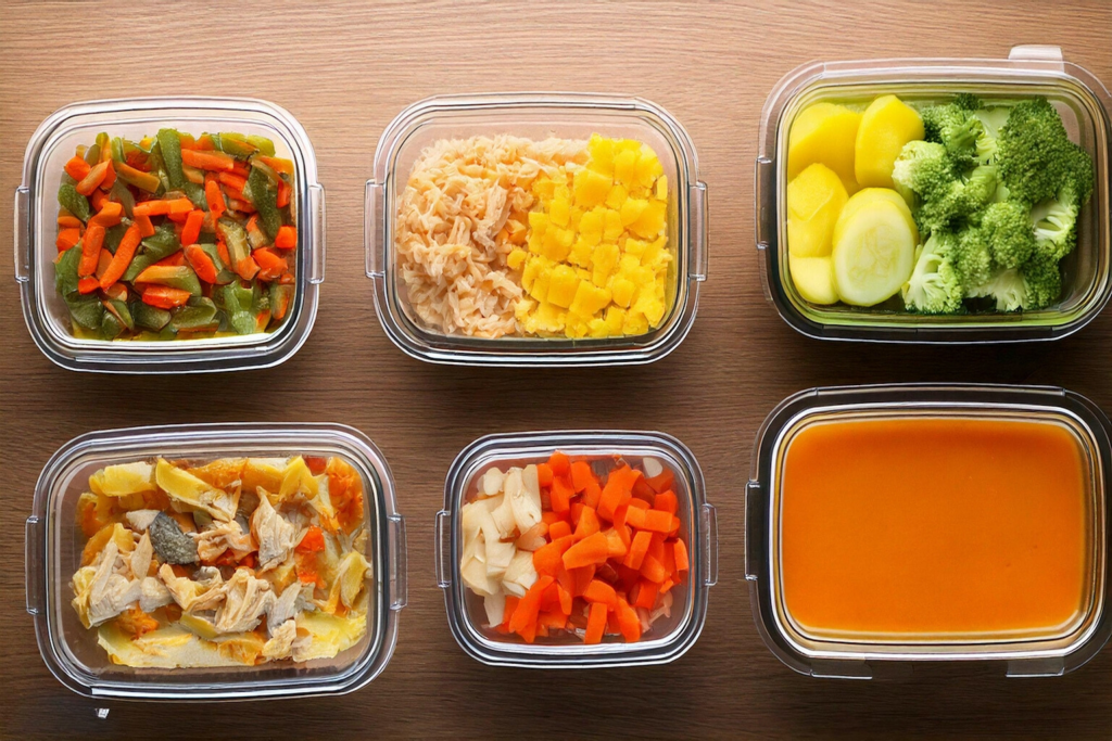 A variety of batch-cooked meals, including soups, shredded chicken, and roasted veggies, stored in labeled containers for easy meal prep.