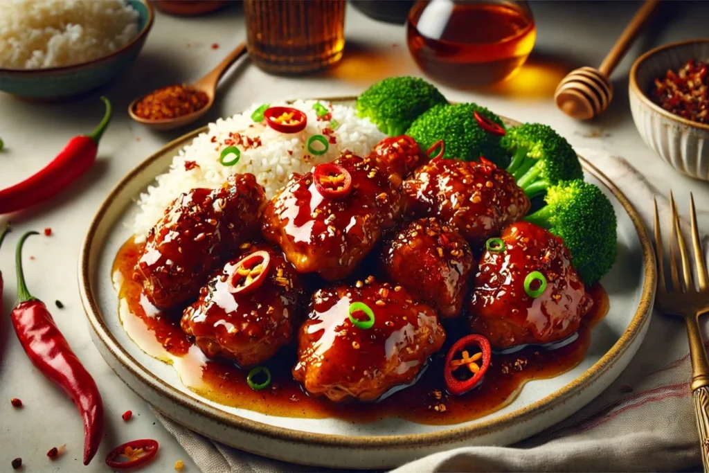 Beautifully plated dish of Spicy Honey Garlic Chicken featuring golden brown crispy chicken thighs glazed with a shiny sweet and spicy sauce Resized