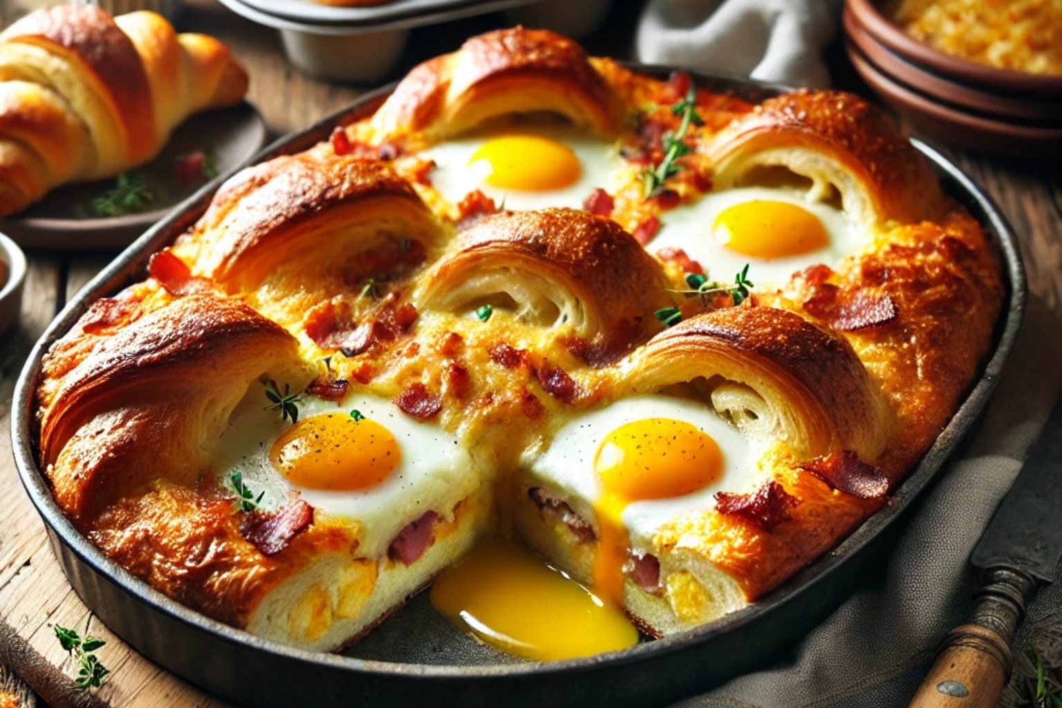 A golden-brown crescent roll breakfast casserole fresh out of the oven, served in a baking dish on a wooden countertop