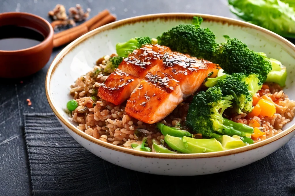 A rice bowl with a base of brown rice, topped with grilled salmon, steamed broccoli, and a drizzle of tamari sauce.