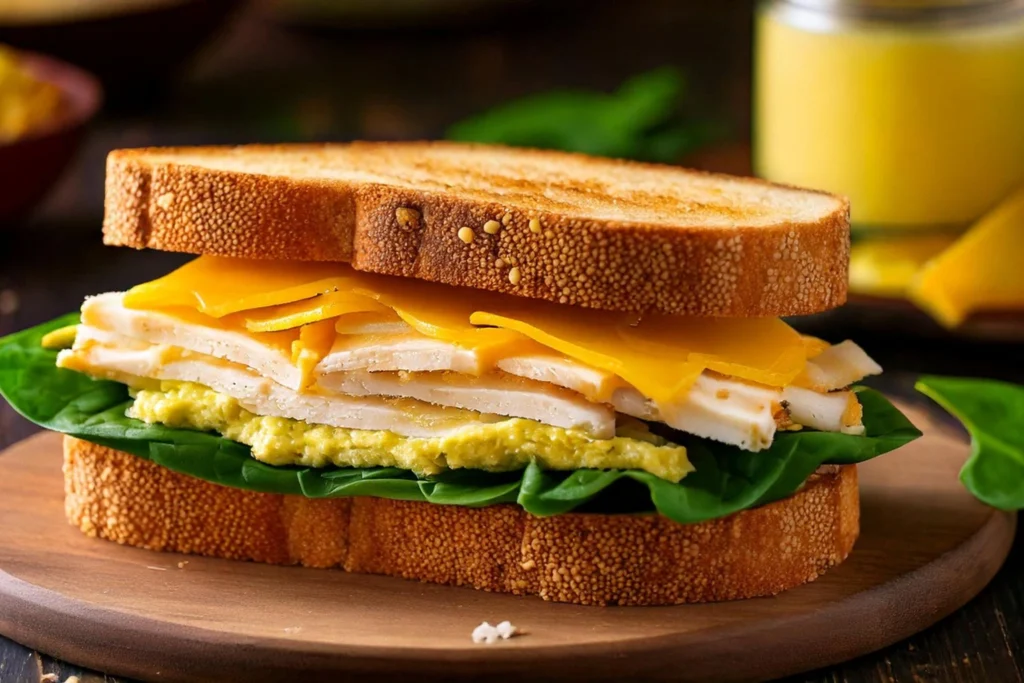 A gluten-free turkey and cheese sandwich with mustard and spinach on gluten-free bread, served on a plate.