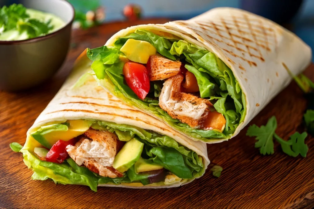 A gluten-free grilled chicken wrap filled with grilled chicken strips, avocado slices, mixed greens, and a drizzle of ranch dressing, placed on a wooden surface.