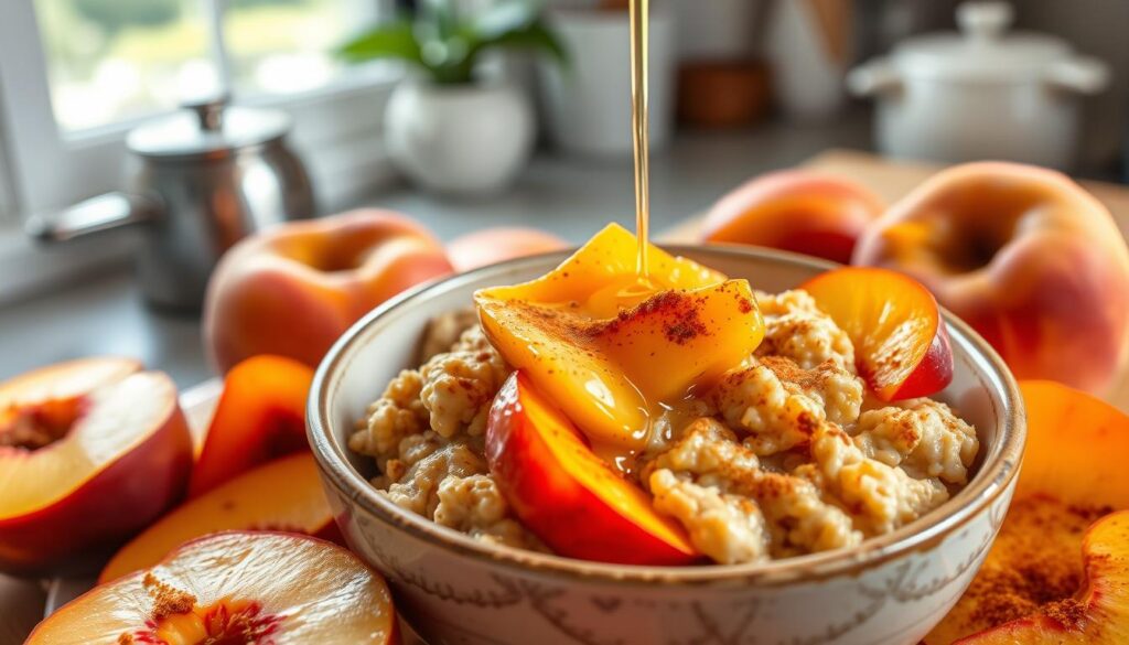 Healthy peach baked oatmeal topped with fresh peach slices and a sprinkle of cinnamon, served in a rustic dish.