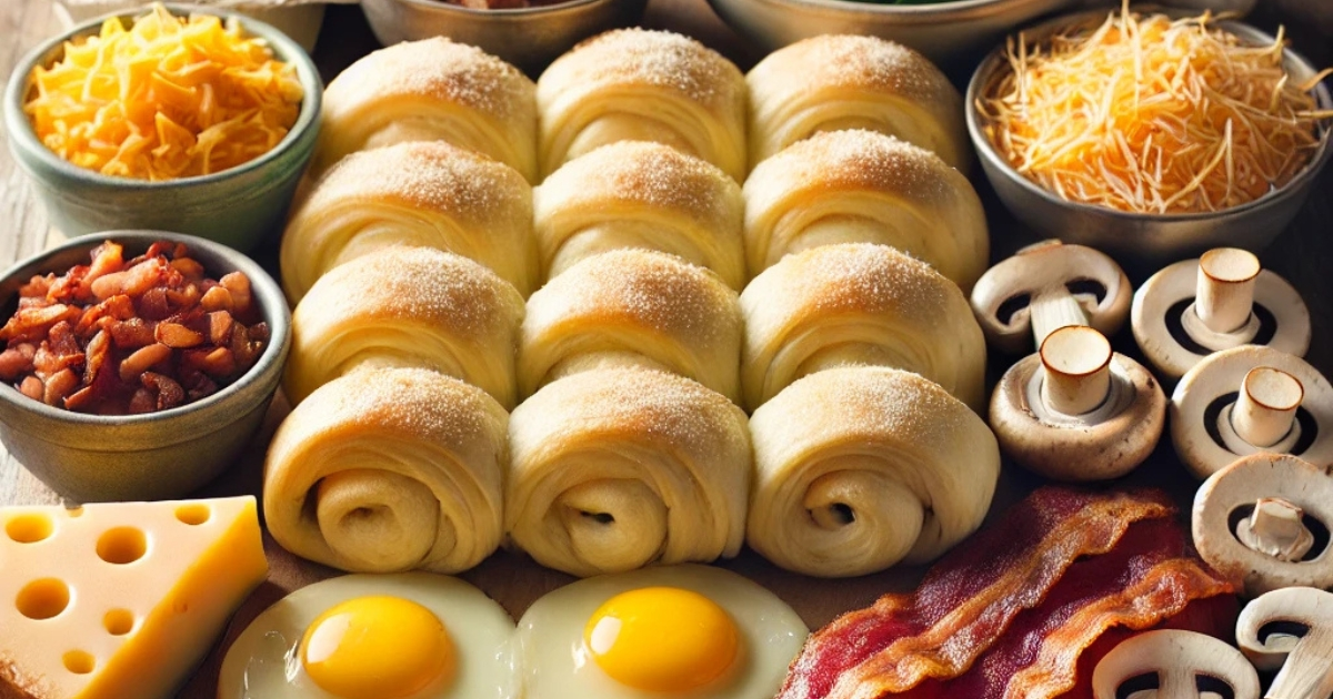 Ingredients for a Crescent Roll Breakfast Casserole on a rustic wooden counter