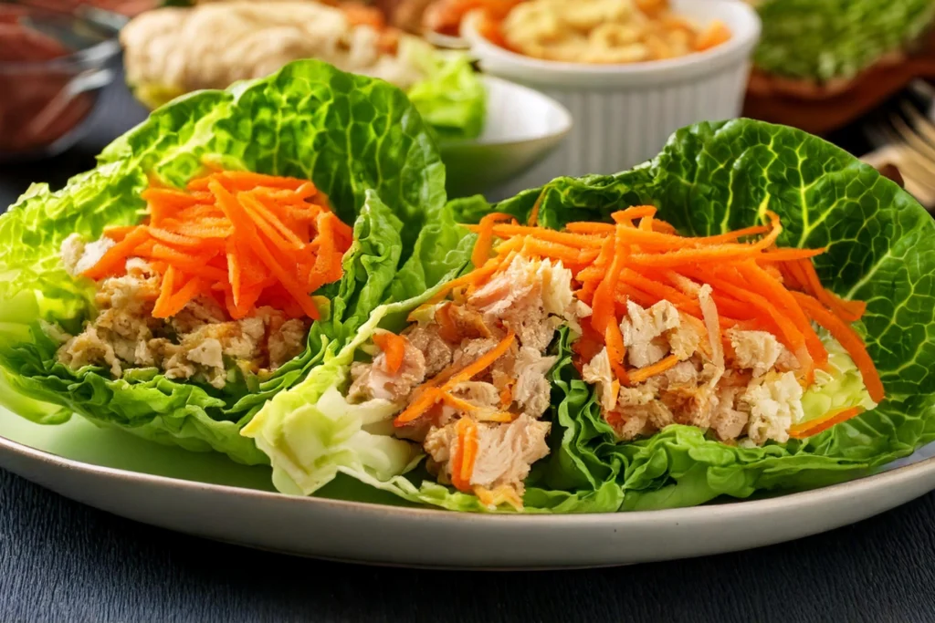 Lettuce wraps filled with turkey slices, hummus, and shredded carrots, served on a plate for a low-carb meal.