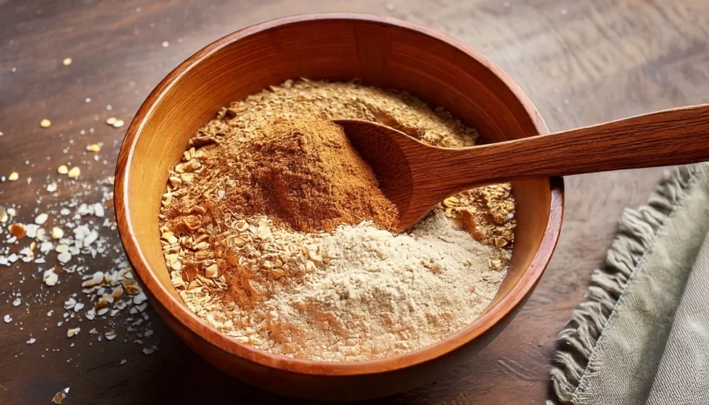 Mixing Dry Ingredients Prompt A separate bowl filled with rolled oats cinnamon baking powder Resized