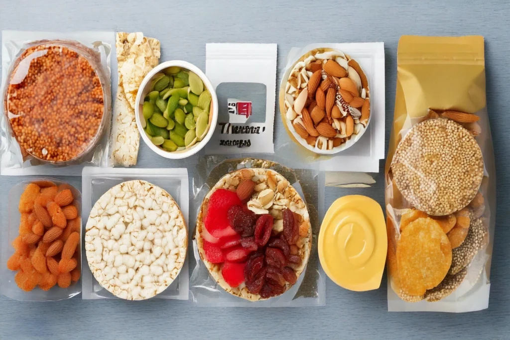 A selection of portable gluten-free snacks, including protein bars, rice cakes with almond butter, and avocado slices, neatly arranged for easy packing.