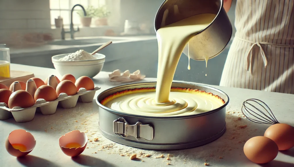 Batter being poured evenly into a rectangular baking pan lined with parchment paper on a kitchen countertop