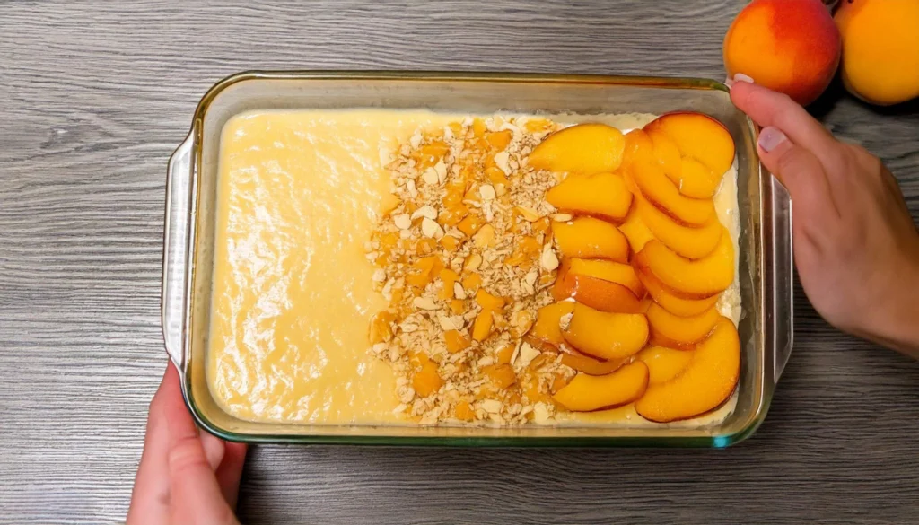 Pouring Batter and Topping with Peaches Prompt A greased 9 inch square baking dish Resized