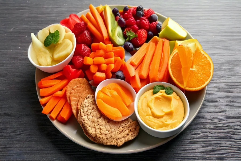 A variety of quick side snack options, including baby carrots with hummus cups, fresh fruit (apples, oranges, berries), gluten-free crackers with cheese, and a handful of nuts.