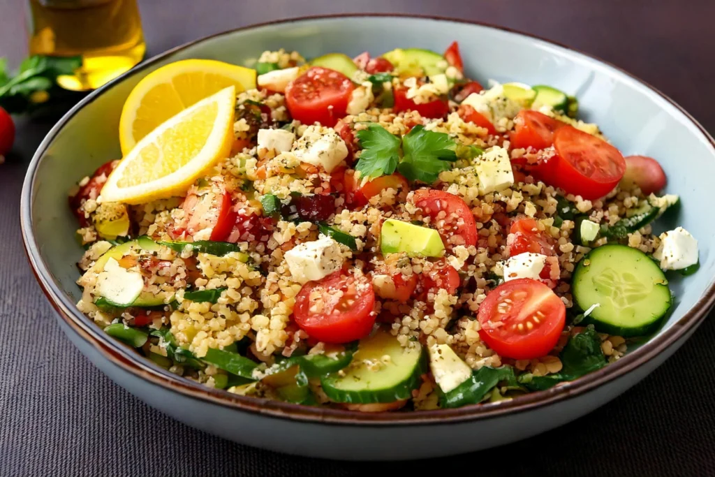 A colorful quinoa salad bowl with cherry tomatoes, cucumbers, feta crumbles, olive oil, and a squeeze of lemon juice.