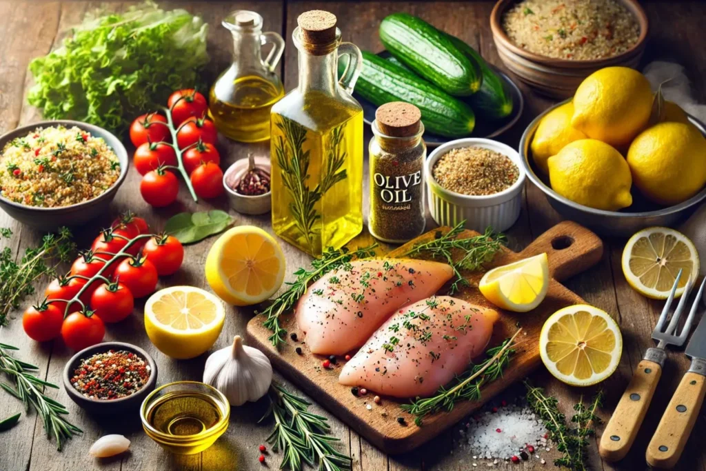 The fresh ingredients for a Lemon Herb Grilled Chicken recipe. Displayed on a rustic wooden table