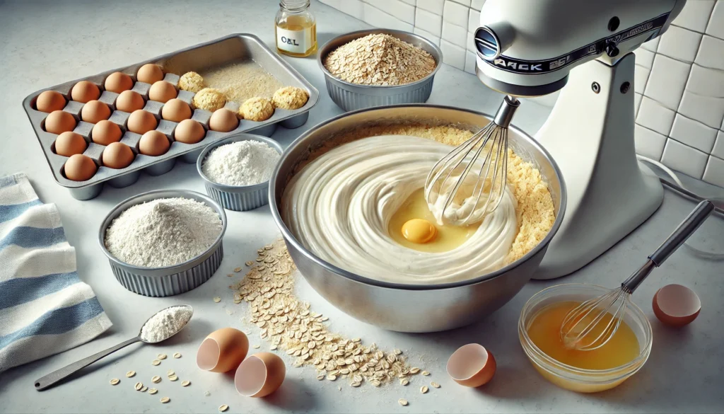 A mixing bowl filled with smooth batter, with a whisk halfway through combining dry and wet ingredients on a wooden countertop