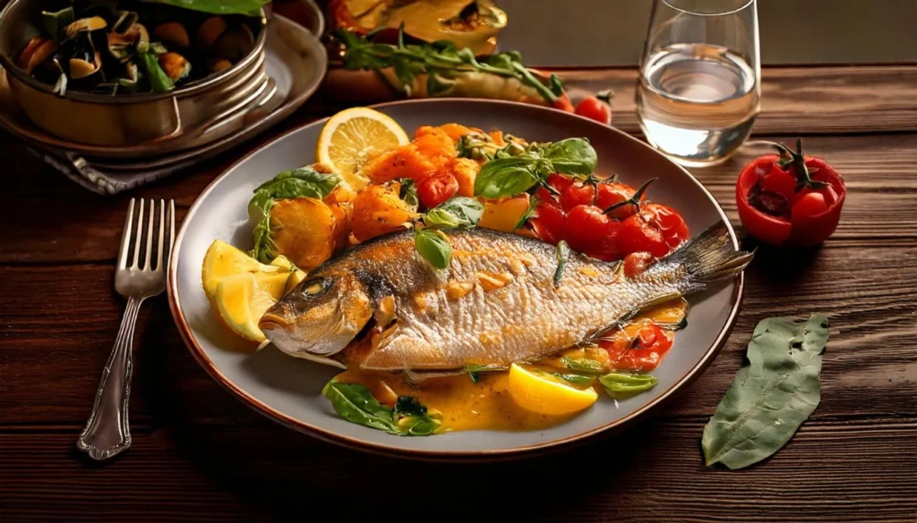 Authentic Italian seafood dish with fresh fish, vibrant vegetables, and aromatic herbs, showcasing traditional Italian fish food recipes