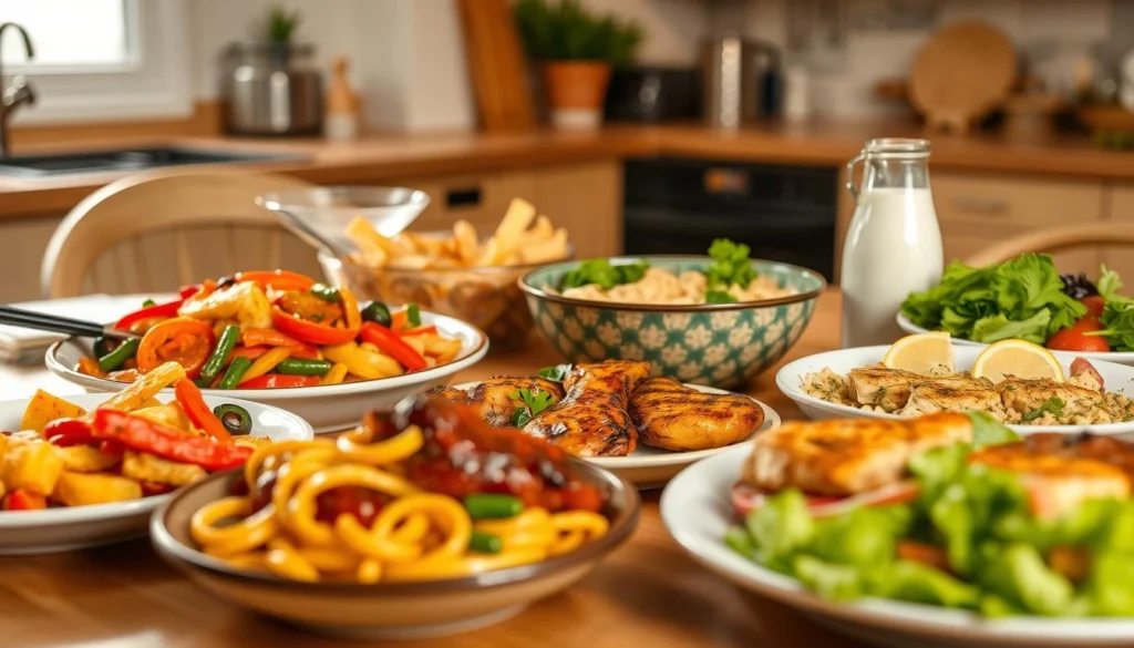 A beautifully arranged dinner table with a colorful spread of quick weeknight meals, including stir-fry with vegetables, pasta with sauce, grilled chicken with herbs, and a refreshing salad, set against a cozy kitchen backdrop.