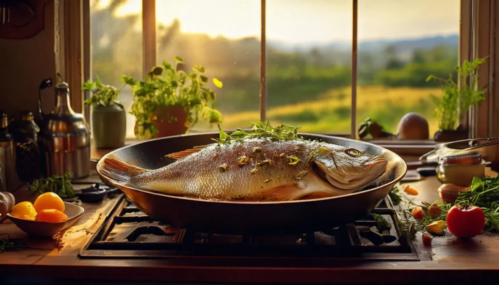 A beautifully arranged kitchen scene showcasing the process of Italian pan fried fish cooking 1344x768 1