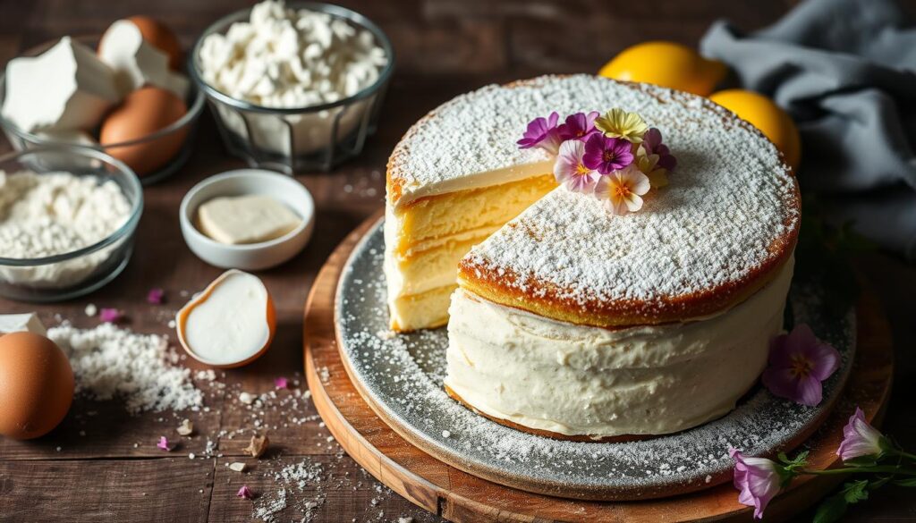 A beautifully arranged ricotta cake with a dusting of powdered sugar and fresh berries, placed on a rustic wooden table.