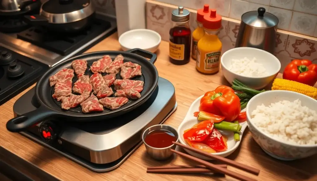 A neatly arranged kitchen countertop featuring essential equipment for making homemade Pepper Lunch