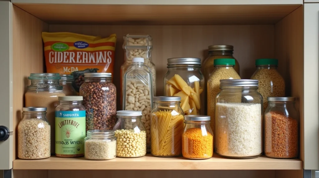 An organized pantry shelf featuring cooking staples like instant rice, canned beans, whole wheat pasta, low-sodium broths, and quinoa, arranged neatly in jars and packages with labels, set against a well-lit, modern kitchen backdrop