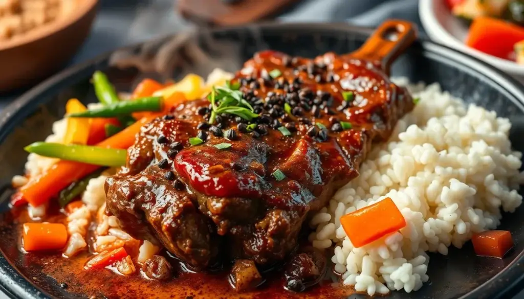 A sizzling beef pepper steak on a hot plate garnished with black pepper and fresh herbs