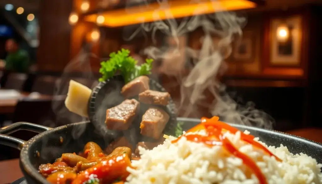 A sizzling hot iron plate filled with colorful ingredients including tender slices of marinated beef bright green vegetables and fluffy rice surrounded by an aromatic drizzle of savory sauce