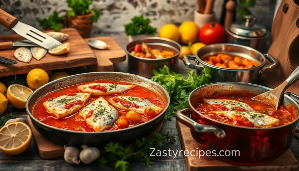 A vibrant Italian kitchen scene showcasing various fish cooking techniques