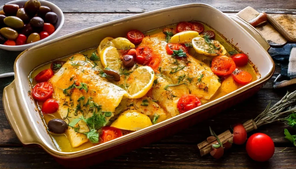 A vibrant Mediterranean style fish dish prepared with Italian dressing. The image features wild caught halibut or cod fillets marinated in golden Italian dressing 1344x768 1