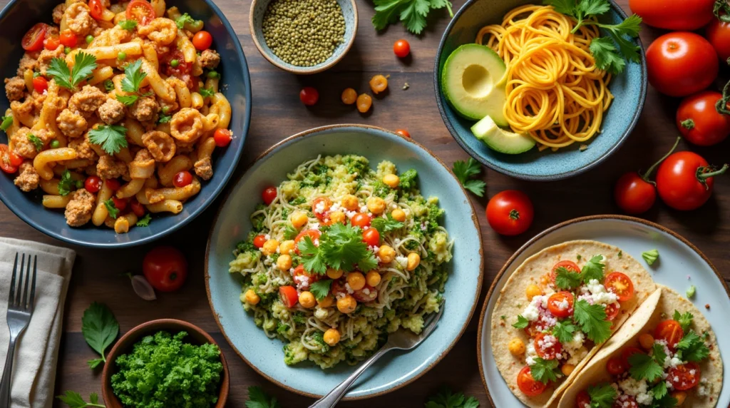 An inviting flat-lay of healthy and quick dinner ideas for busy weeknights. The image features a vibrant stir-fry with vegetables and chicken, a bowl of pasta garnished with fresh herbs, a colorful loaded salad with avocado, and tacos topped with fresh ingredients. Scattered around are fresh produce like tomatoes, leafy greens, and garlic, set against a cozy kitchen backdrop with warm lighting, creating a sense of efficient and delicious meal preparation