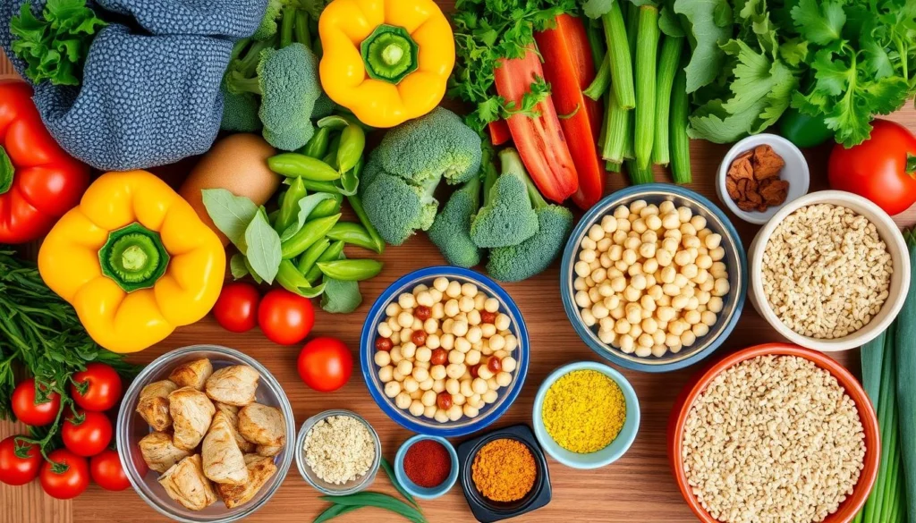 Essential ingredients for quick meals, including fresh vegetables, olive oil, pasta, and spices, arranged on a cutting board in a cozy kitchen setting.