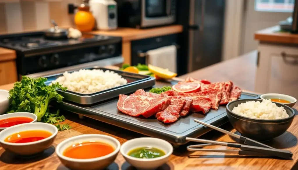 A vibrant kitchen countertop fully equipped for making Pepper Lunch featuring a sizzling hot plate raw ingredients like marbled beef slices fresh vegetables and white rice neatly arranged with co