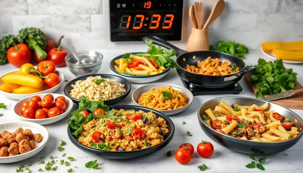 A vibrant kitchen scene featuring a variety of quick healthy meals laid out on a table colorful vegetables sizzling stir fry in a skillet