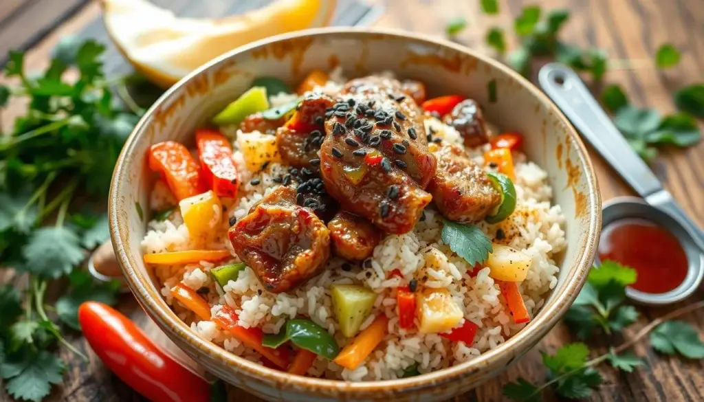 A vibrant steaming bowl of pepper rice with colorful vegetables juicy pieces of marinated meat and sprinkled black pepper on top surrounded by fresh herbs and a drizzle of savory sauce all set on