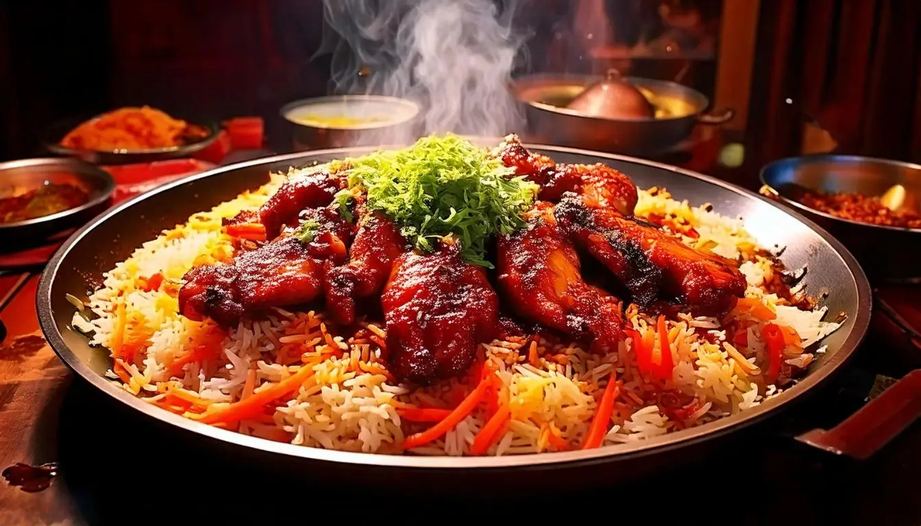 A vibrant, steaming bowl of pepper rice with colorful vegetables, juicy pieces of marinated meat, and sprinkled black pepper on top, surrounded by fresh herbs and a drizzle of savory sauce