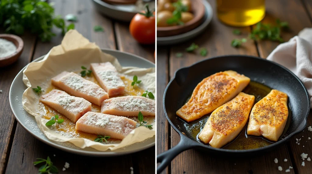 Step-by-step depiction of cooking Italian pan-fried fish, featuring fresh fish fillets cut into pieces, coated in seasoned flour, and frying in a skillet with golden olive oil. The image shows the fish being drained on paper towels, surrounded by fresh herbs, flour, and a rustic olive oil bottle. The scene captures the essence of traditional Italian cooking with fresh ingredients and balanced flavors