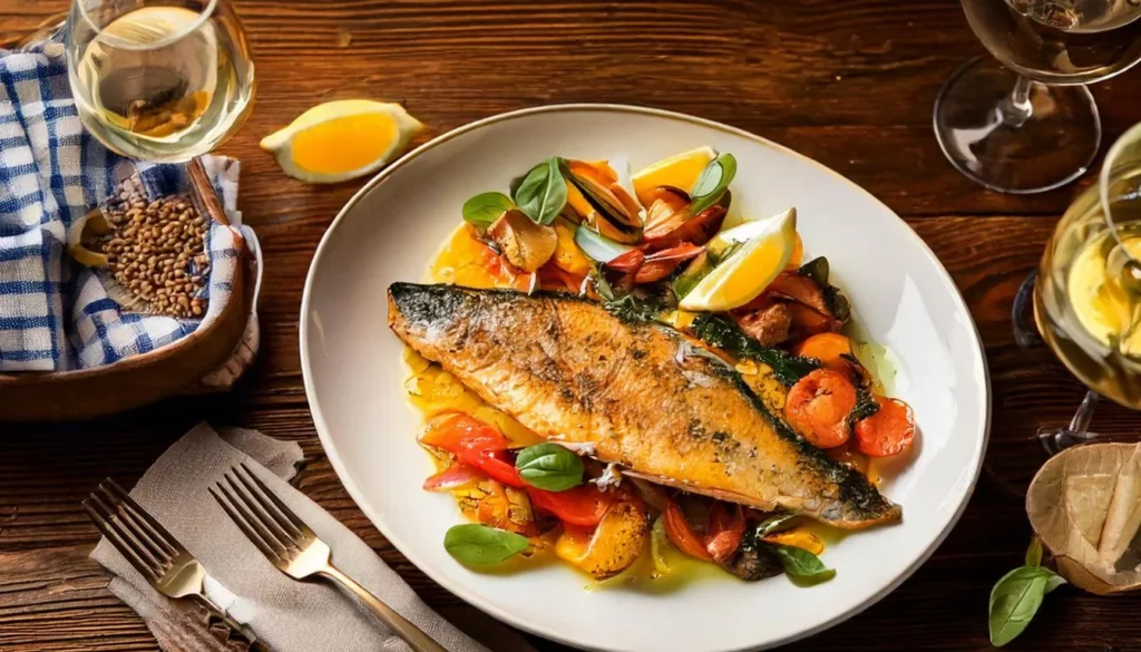 Arranged Italian seafood dish featuring fresh fish, vibrant vegetables, lemon slices, and aromatic herbs, styled on a rustic wooden table with soft natural light