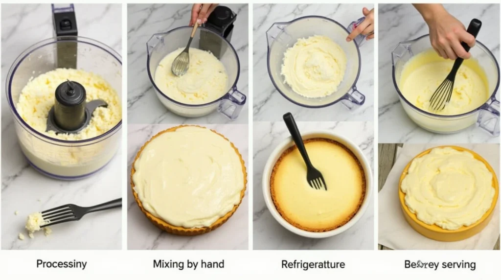 Step-by-step process of making ricotta cheesecake: blending for a creamy texture, mixing by hand, refrigerating, and stirring before serving