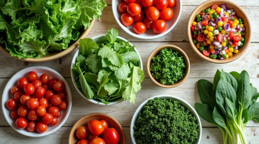 A flat-lay of time-saving fresh produce options for quick meals, including pre-washed salad greens, cherry tomatoes, pre-cut vegetable mixes, frozen spinach, and microgreens, arranged neatly on a wooden surface