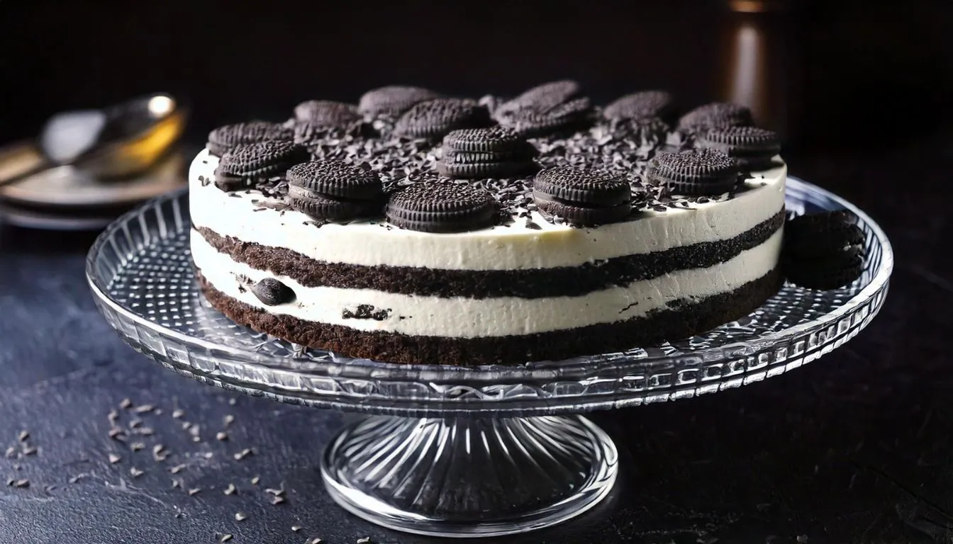 A close-up of a layered no-bake Oreo dessert in a glass dish, featuring a creamy white cheesecake layer, crushed Oreo cookies, and whipped topping garnished with whole Oreos.