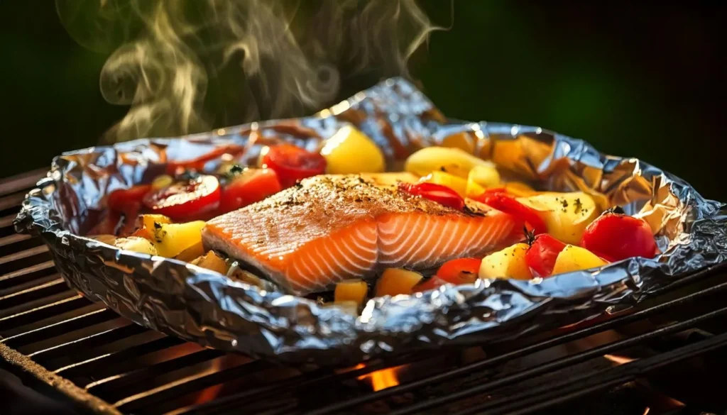 A foil packet dinner with salmon, curry, onions, and tomatoes, cooking on a grill, revealing vibrant ingredients and steam, showcasing a flavorful and creative one-pan meal