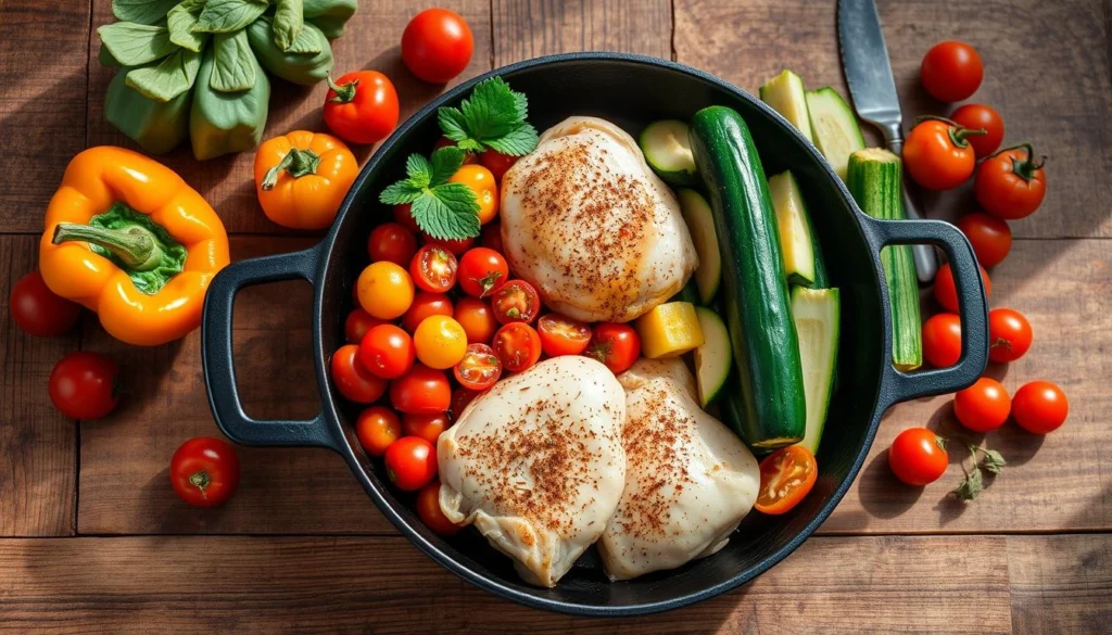 A colorful array of one-pan dinner ingredients artistically arranged on a rustic wooden table, featuring vibrant vegetables like bell peppers, cherry tomatoes, and zucchini alongside seasoned chicken thighs, all in a large cast-iron skillet. Soft, natural lighting casts gentle shadows, highlighting the freshness and vibrancy of the ingredients.